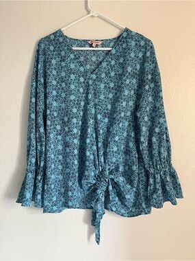 Juicy Couture Aqua Floral Tie-Front Blouse
